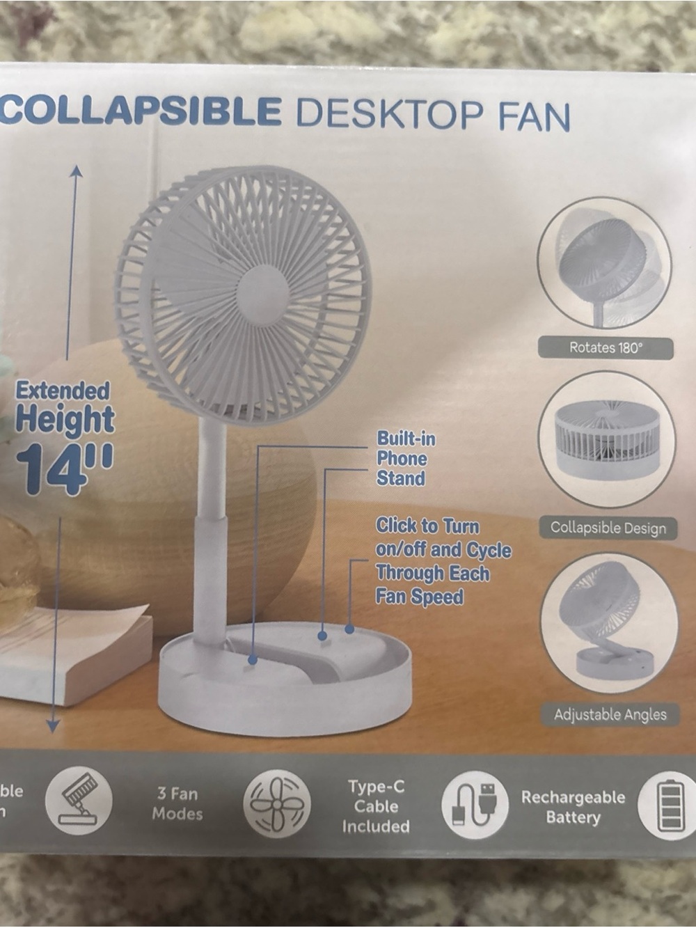 Collapsible Desktop Fan - White - Portable Rechargeable